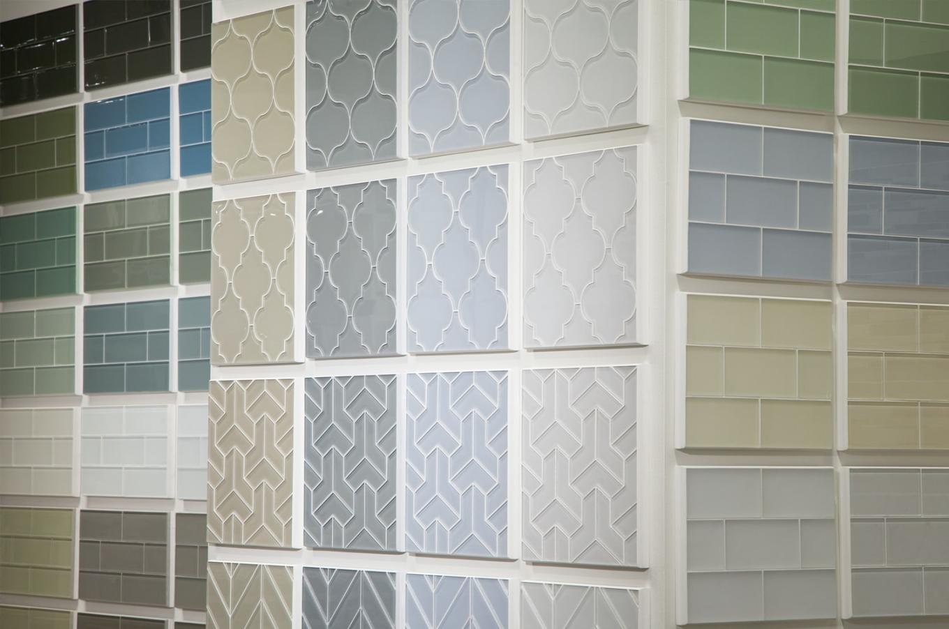 Glass tile and mosaic displays at the Complete Tile Collection New Jersey Showroom.