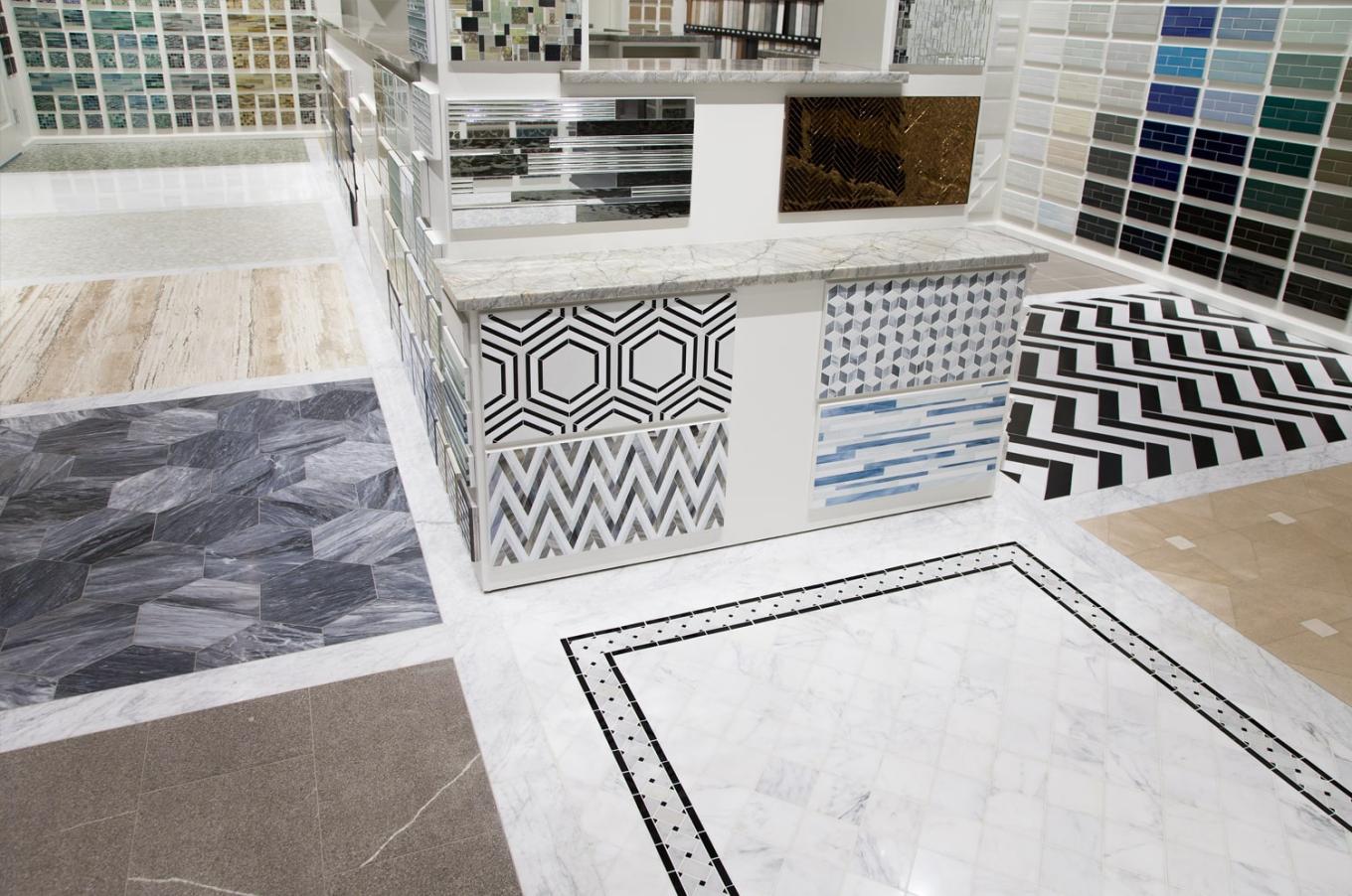 Some of the floor installations at the Complete Tile Collection New Jersey showroom, featuring classic, timeless designs and patterns.