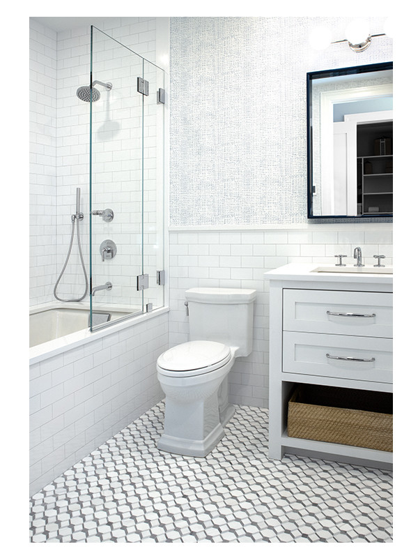 A guest bathroom design featuring the Binton's Block marble mosaic on the floor, and the Ultra Flat Subway Tile on the walls.