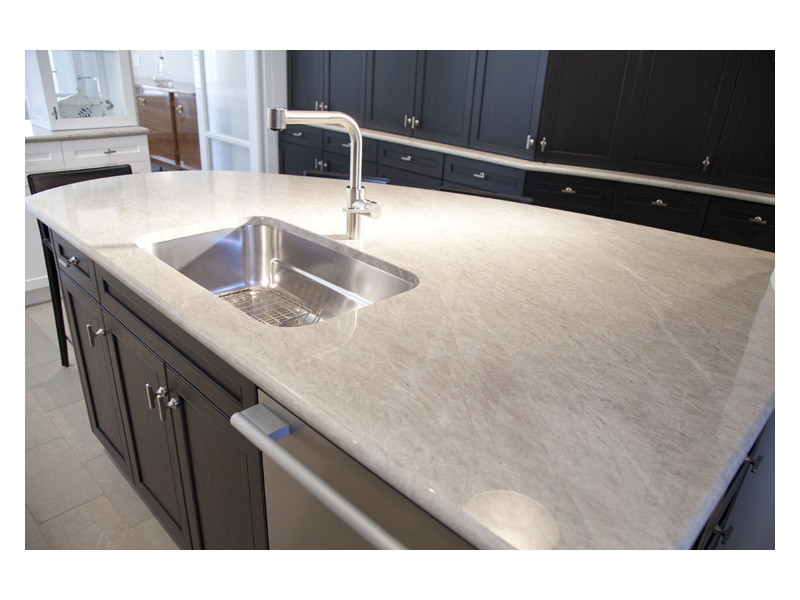 A detailed view of the kitchen island countertop, custom fabricated from 1-1/4